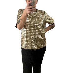 Vintage 80s/90s Women's Blair Boutique Gold Sequin Top Disco Rave Festival Mediu
